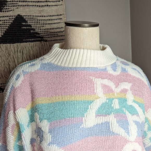 Vintage 80s 90s Pastel Flower & Stripe mock neck sweater size L - Picture 2 of 4